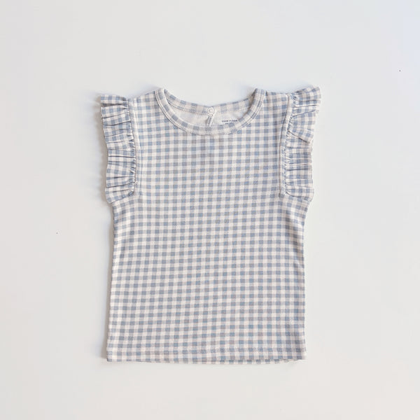 Frill Tee, Gingham Print, Azul, Size 6